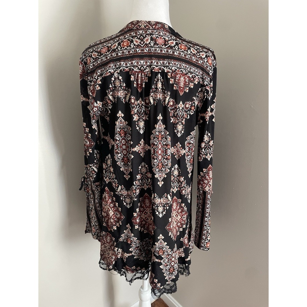 Style & Co Women M Bell Sleeve Tunic Top Fairy Grunge Black Lace Brown Boho Folk - Picture 8 of 16